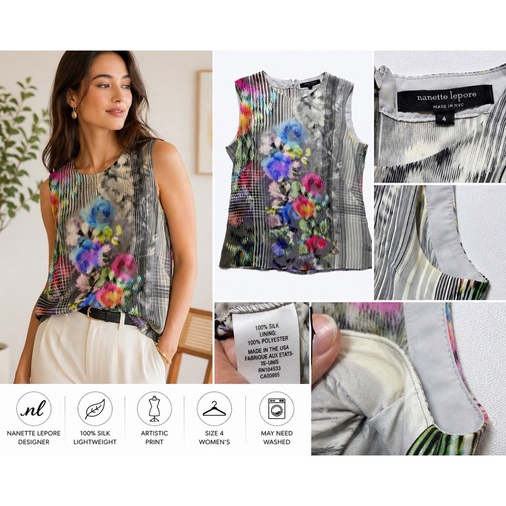 Nanette Lepore Silk Blouse Women 4 Multi Color Good Floral Artistic Sleeveless